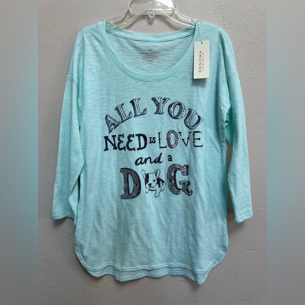 NWT Women's 3/4 sleeve All You Need Is Love And A Dog Frenchie Shirt New Size XS